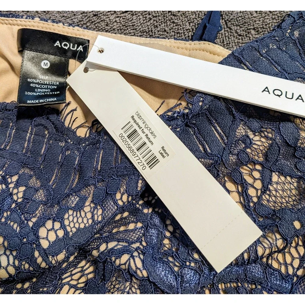 Aqua Bloomingdales Navy Blue Lace Mini Dress Cocktail Party Wedding Guest M‎ NWT